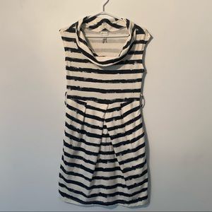 White and Navy striped dress with cowl neck.